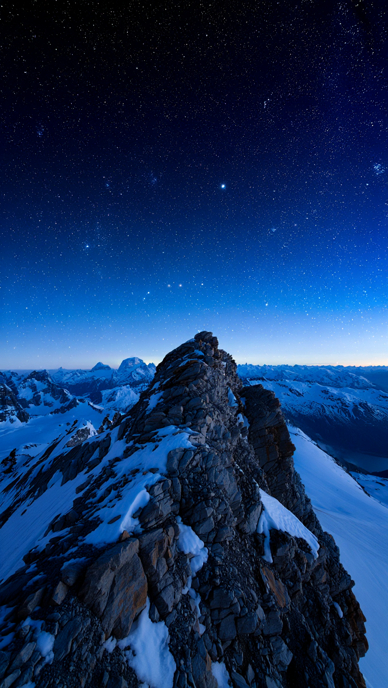 A breathtaking landscape photograph captures a dramatic mountain peak rising majestically against a star-filled dawn sky