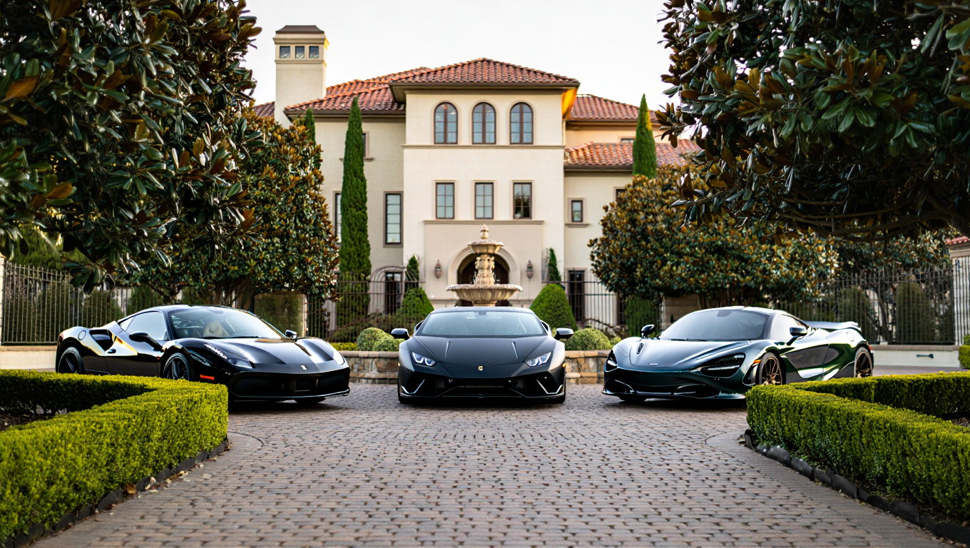 Three glossy black sports cars - a Ferrari 488 GTB, a Lamborghini Huracan, and a McLaren 720S - are parked in a row on a circular cobblestone driveway