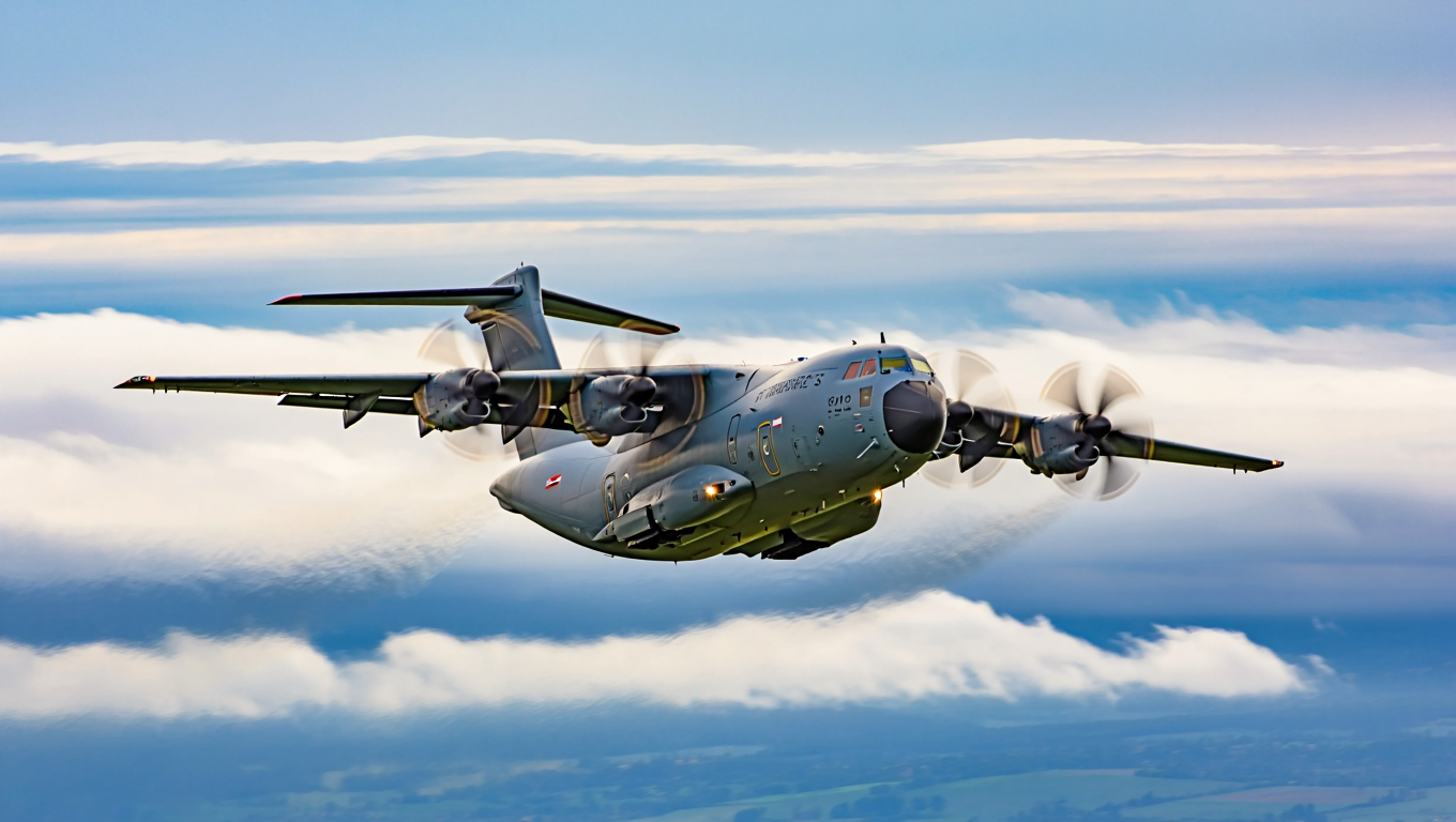 A large military transport aircraft with four turboprop engines and a high-mounted wing design soars through the daytime sky