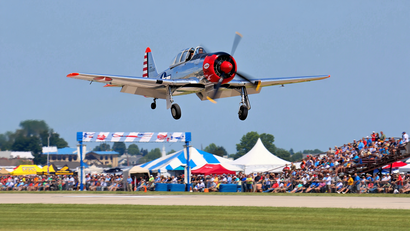 A classic military aircraft with silver polished metal body and red nose cone flies low over a grassy airfield during an airshow