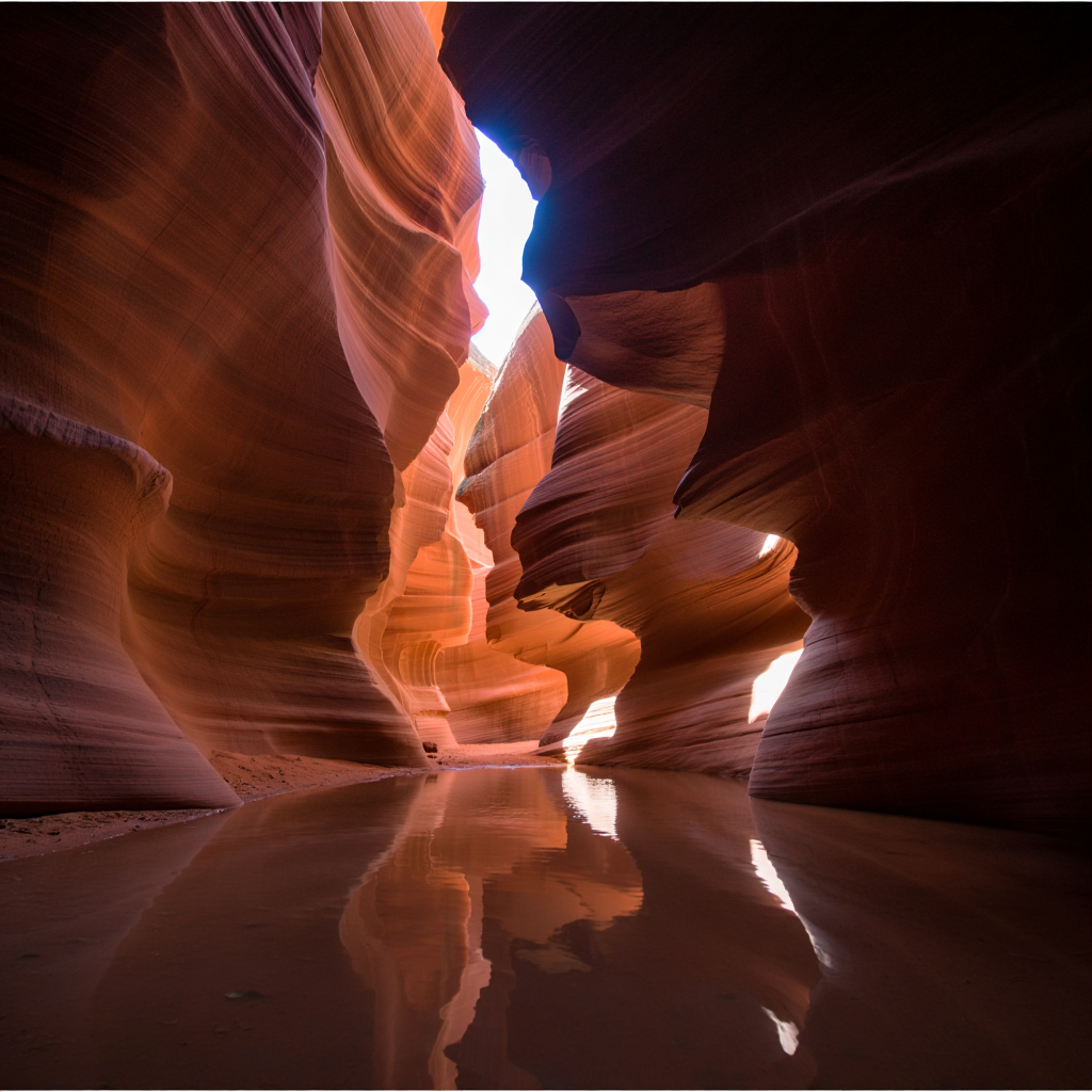 Winding passageways of Antelope Canyon, where smooth, curved sandstone walls display layers of red and orange striations carved by water erosion