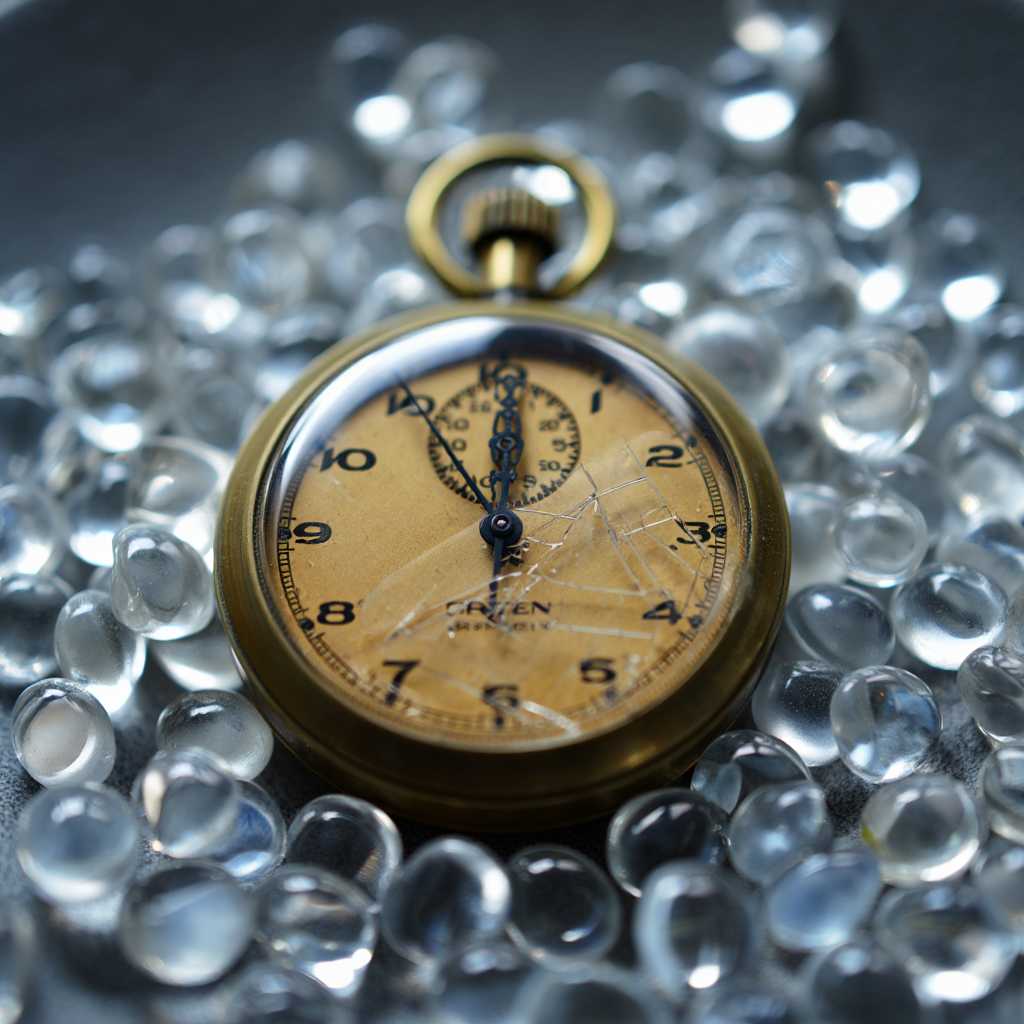 A vintage brass stopwatch with a tarnished surface and ornate hands rests at the center of a bed of small, round clear glass pebbles