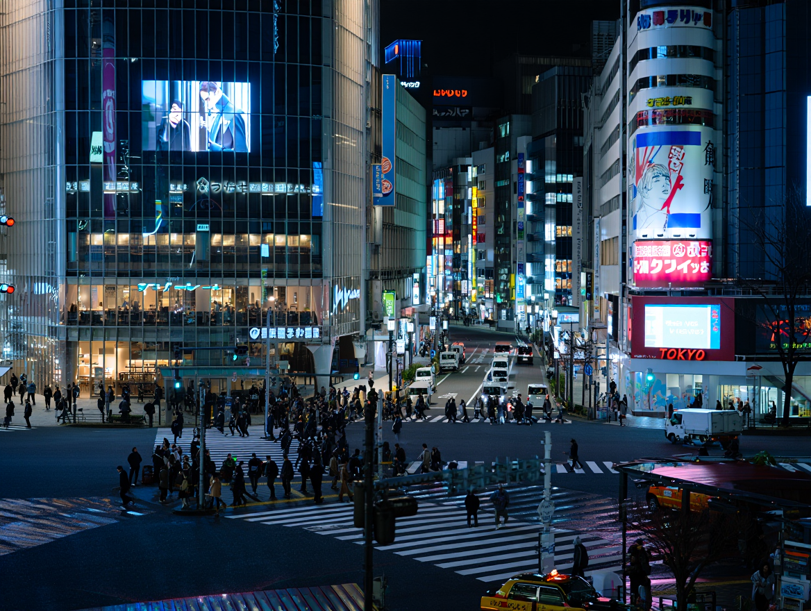 A high-angle, wide-shot street photograph of a busy intersection in Tokyo at night