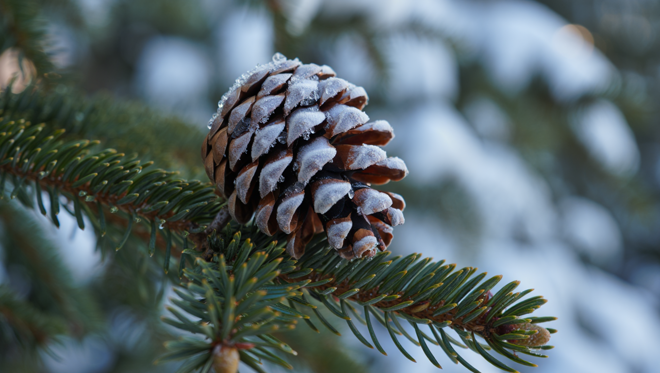Pine cone covered in snow on a pine branch