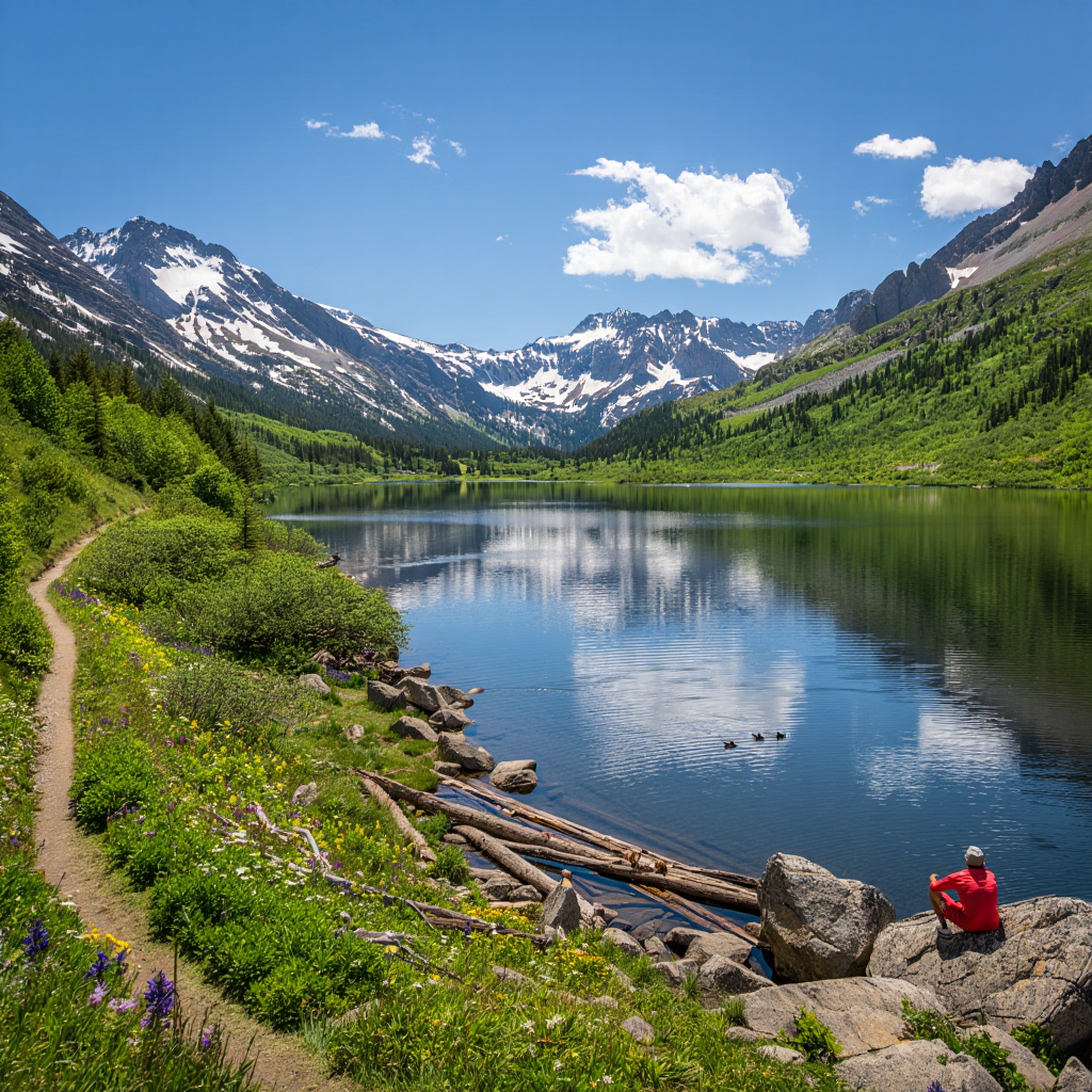 A wide-angle landscape photography of a serene mountain lake scene on a clear day with natural lighting and deep depth of field