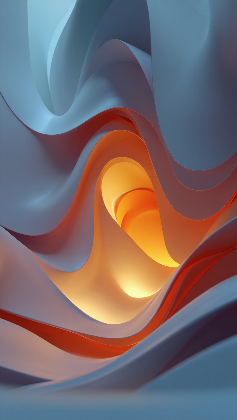 An abstract digital art piece featuring smooth, flowing, ribbon-like forms in shades of blue, gray, orange, and red against a solid light blue background