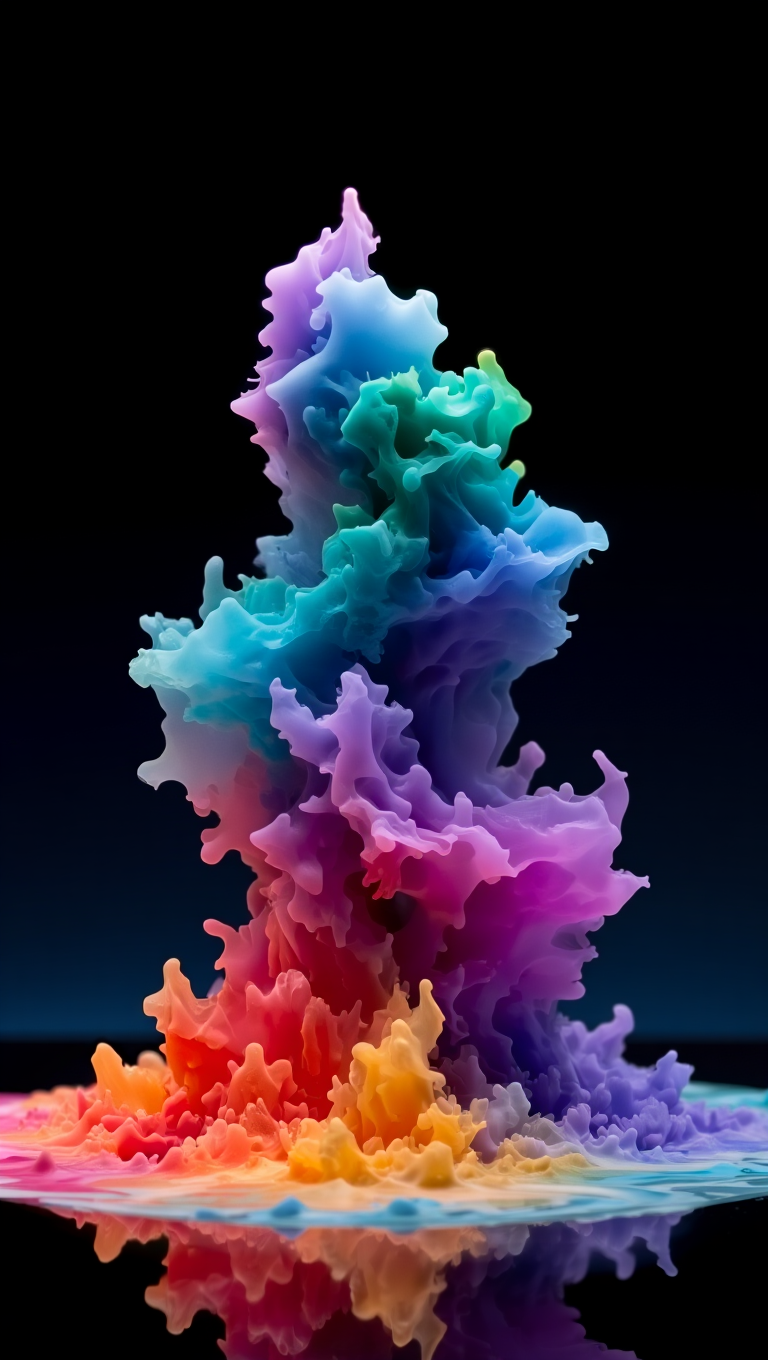 A studio macro photography of colorful ink swirling in water against a solid black background