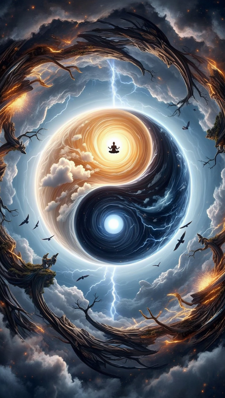 A wide-shot digital art fantasy painting of a large yin-yang symbol formed by swirling clouds and lightning against a dark, stormy sky filled with dark gray and blue clouds