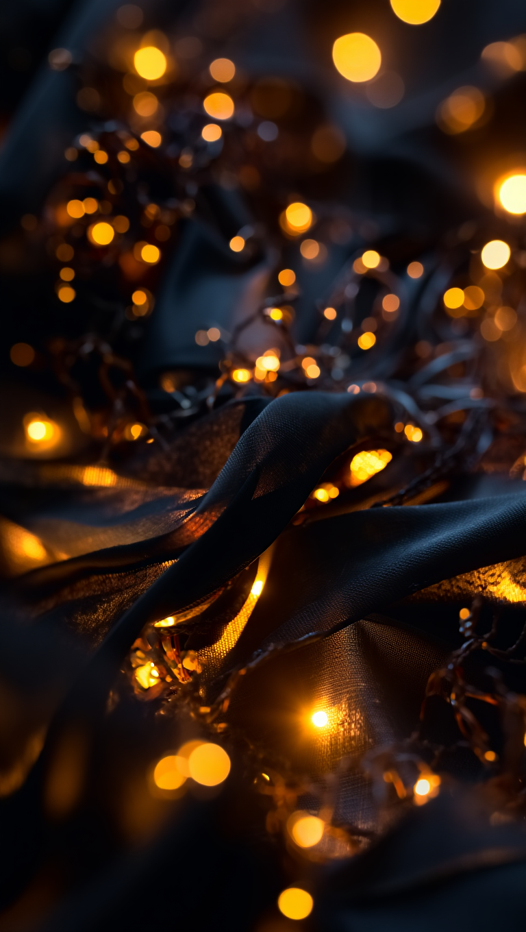 A close-up, macro still life photography of dark, sheer fabric draped with warm-toned string lights