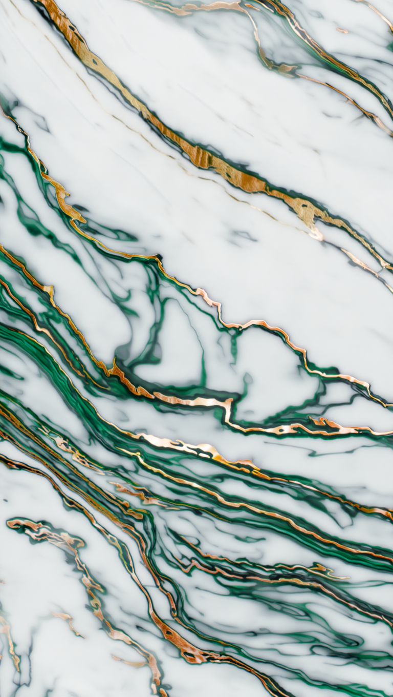 A macro product photography of polished white marble with swirling veins of dark green and gold