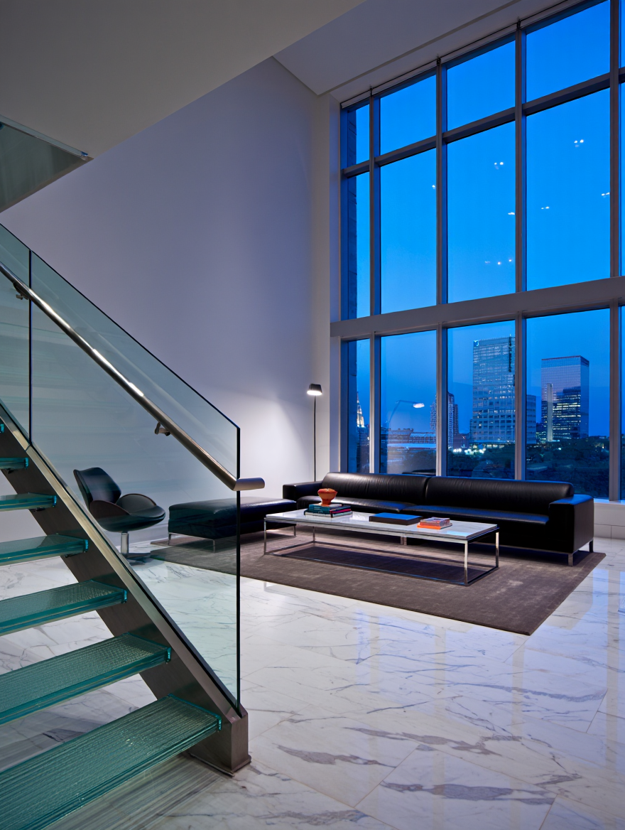 Modern minimalist living room at dusk taken from a slightly low angle
