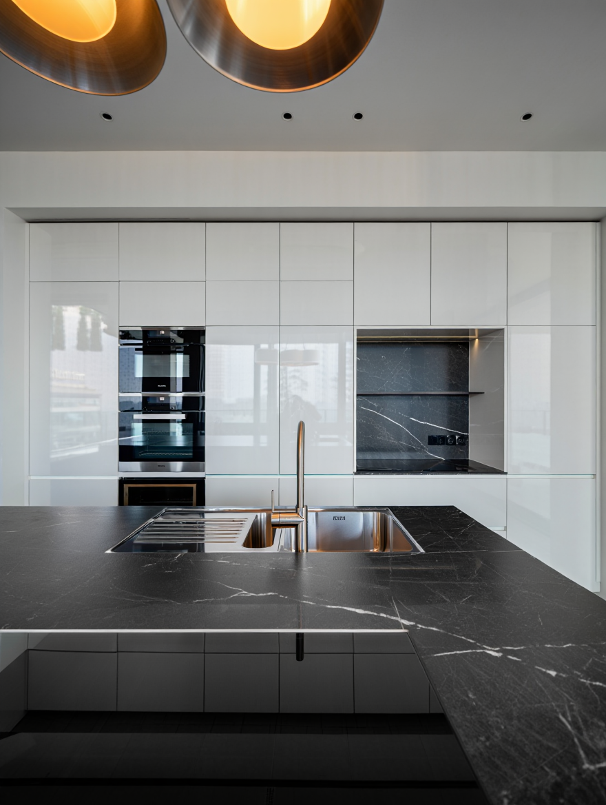 Photography of a modern minimalist kitchen taken from an eye-level perspective with a deep depth of field
