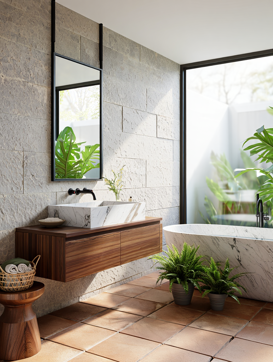 An architectural photography of a modern, minimalist bathroom interior