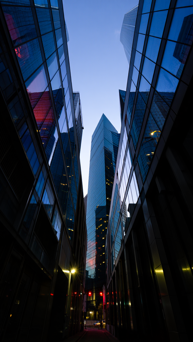 A low-angle, wide-angle architectural photography of modern skyscrapers at dusk