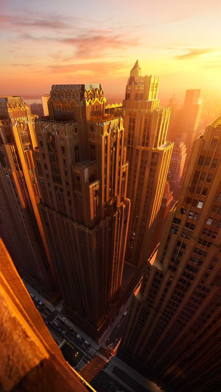 A high-angle, wide-shot aerial photography of a cityscape at sunset