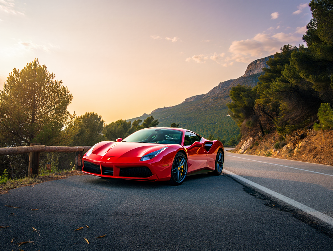 Photography of a red Ferrari 488 GTB parked on a winding asphalt mountain road during sunset