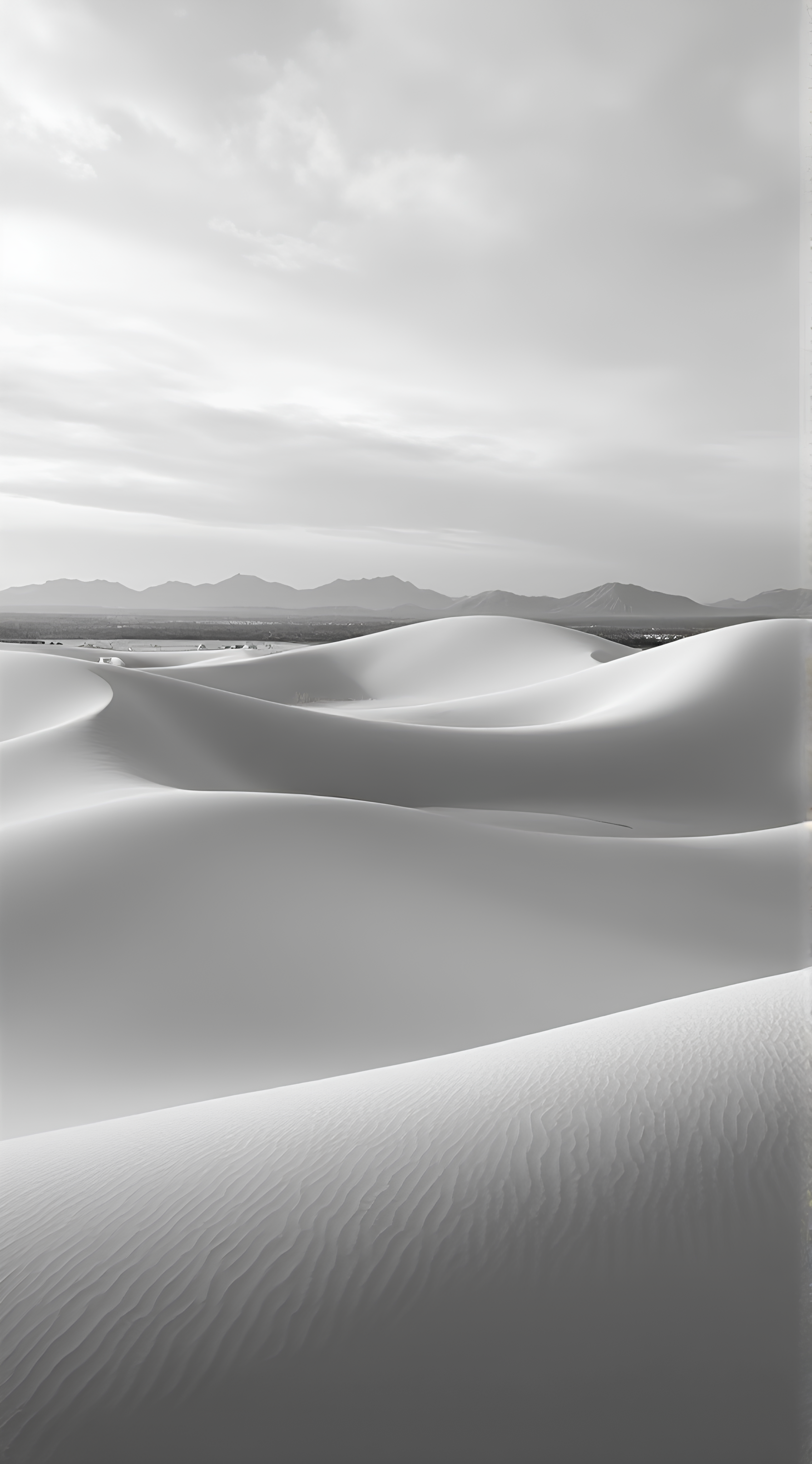 Black and white photography of smooth undulating sand dunes
