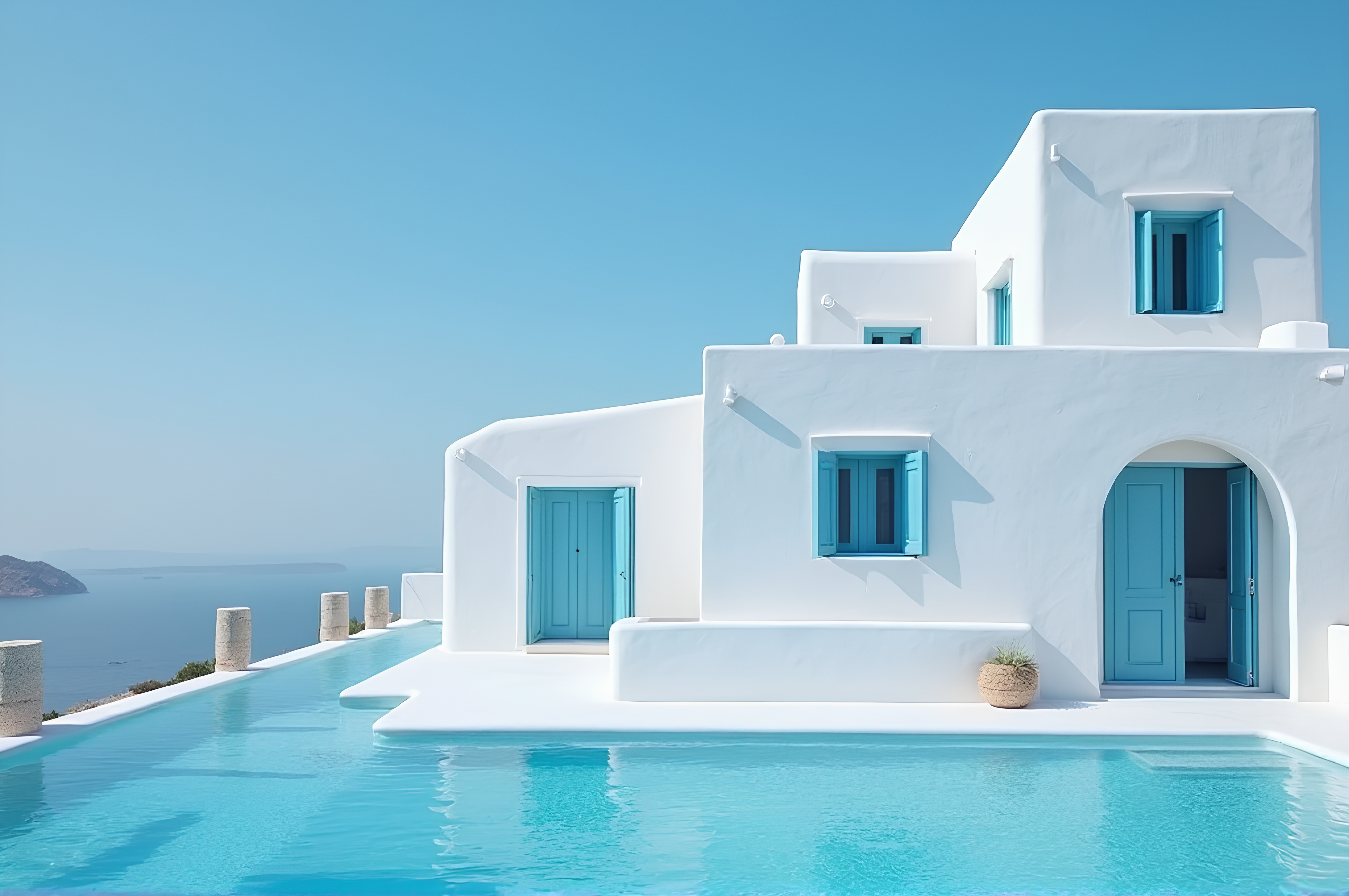 Photography of a serene Greek island scene with white, curvaceous, modern building