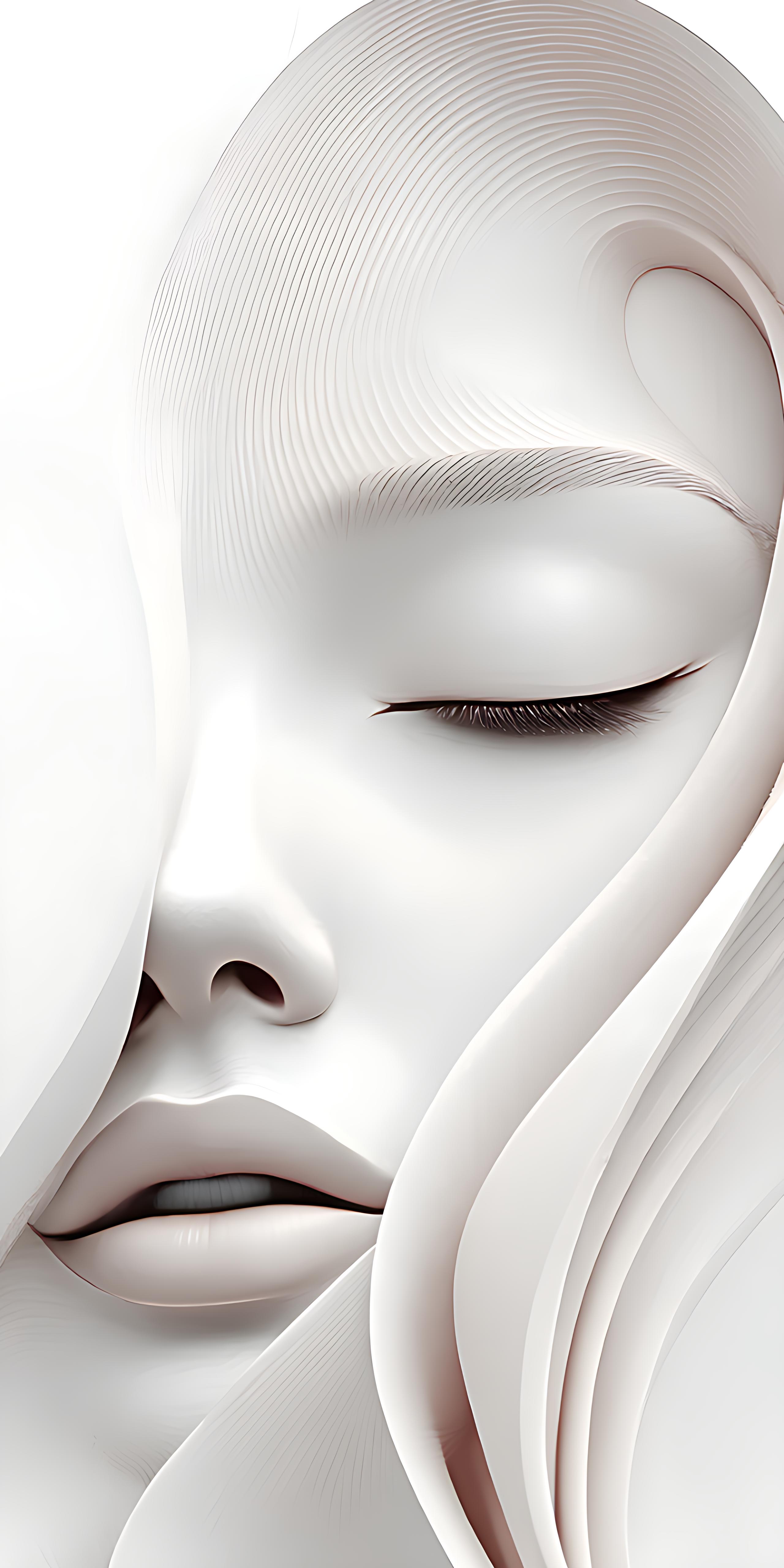 A close-up abstract digital artwork of a woman's face rendered in a white, sculptural material